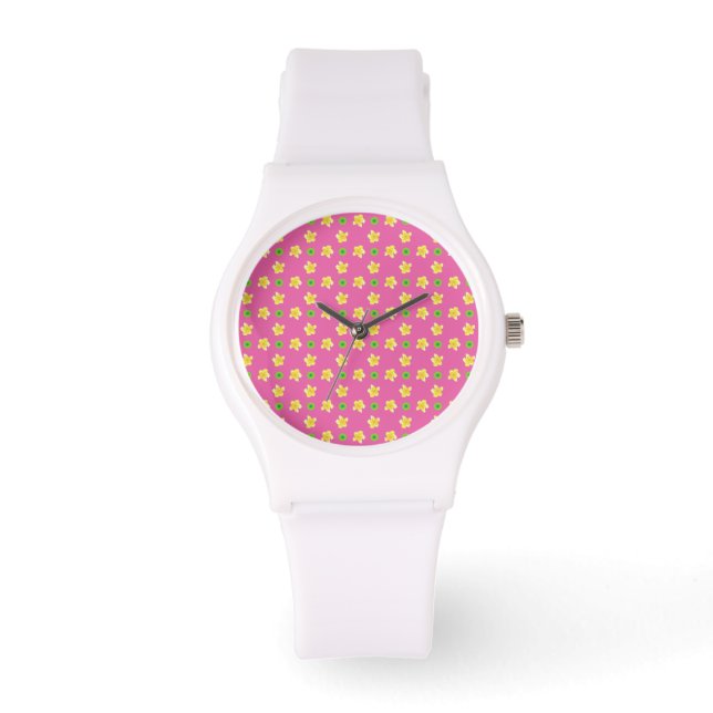 White Wristwatch Primroses and Polkas on Deep Pink (Front)
