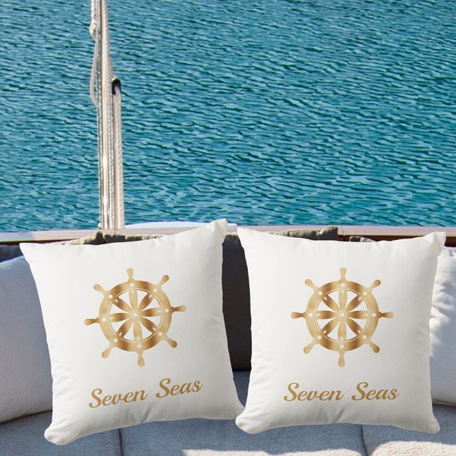 White yacht boat name gold steering wheel coastal cushion (Creator Uploaded)