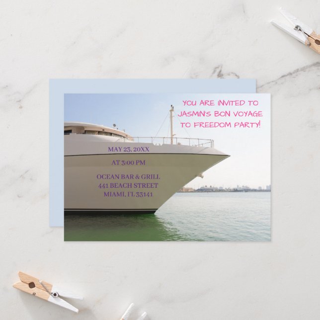 White Yacht on Ocean Funny Bachelorette Boat Invitation (Front/Back In Situ)