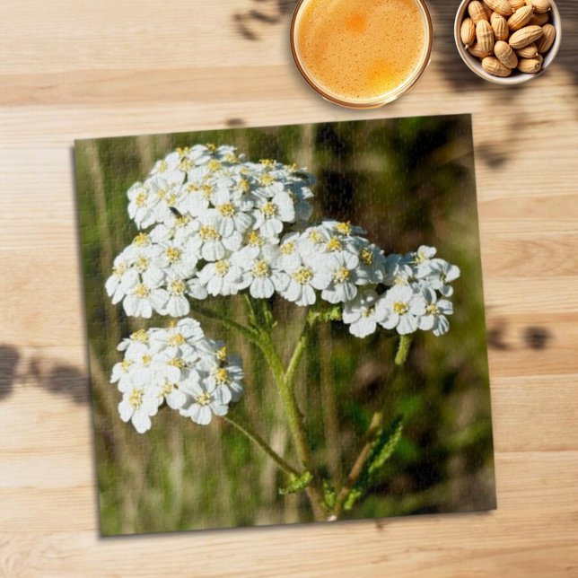 White Yarrow Blooming In Afternoon Sunlight Jigsaw Puzzle (overhead view of completed 20" square jigsaw puzzle)