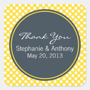 White, Yellow and Charcoal Polka Dot Thank You Square Sticker