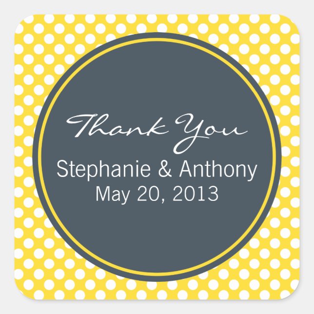 White, Yellow and Charcoal Polka Dot Thank You Square Sticker (Front)