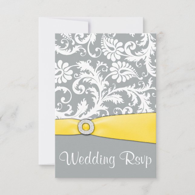 White Yellow and Grey Damask Wedding RSVP Cards (Front)