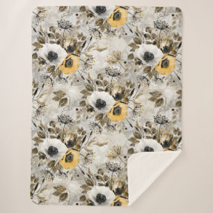 White, yellow anemones on a grey-brown background. sherpa blanket