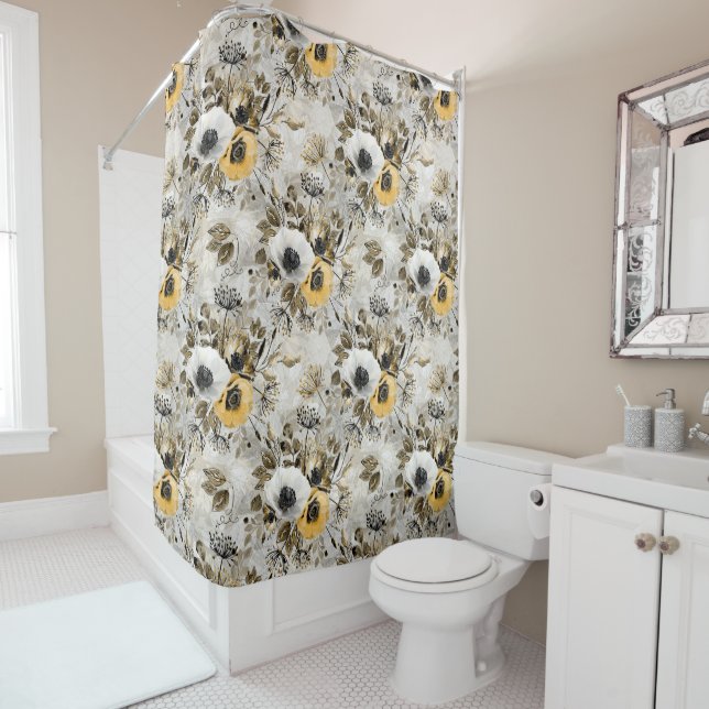 White, yellow anemones on a grey-brown background. shower curtain (In Situ)