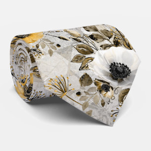 White, yellow anemones on a grey-brown background. tie