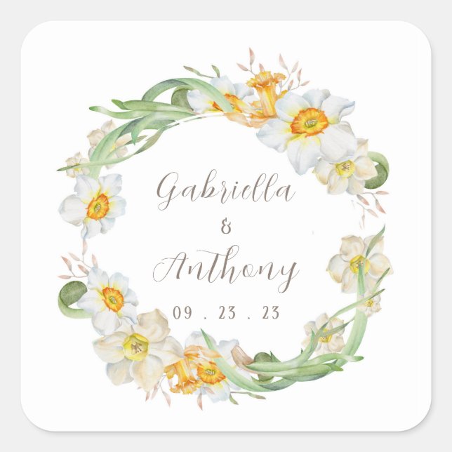 White & Yellow Daffodil Bridal Wedding Square Sticker (Front)