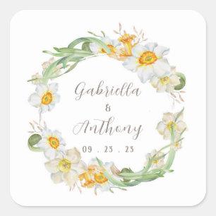 White & Yellow Daffodil Bridal Wedding Square Sticker