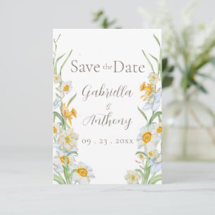 White & Yellow Daffodil Floral Brown Script  Save The Date