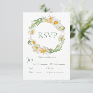 White & Yellow Daffodil Floral Green RSVP Card