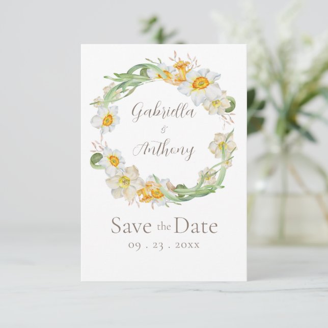 White & Yellow Daffodil Floral Save the Date (Standing Front)
