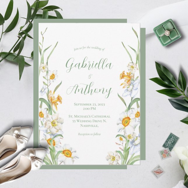White & Yellow Daffodil Floral Wedding Invitations (Creator Uploaded)