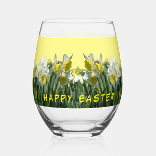 White Yellow Daffodils Cust. Text Wine Glass
