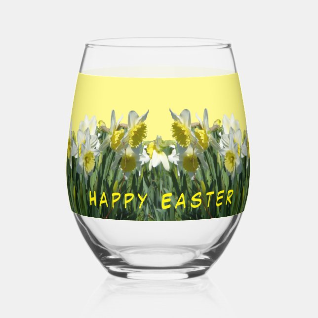 White Yellow Daffodils Cust. Text Wine Glass (Front)
