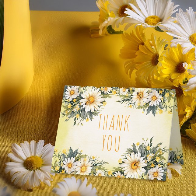 White | Yellow Daisies Floral Baby Shower Thank You Card (Little Daisy Theme Yellow, White and Green Daisies Floral Folded "Thank You" Card)