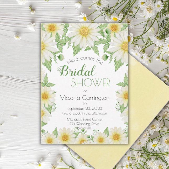 White Yellow Floral Daisies Script Bridal Shower Invitation (Creator Uploaded)