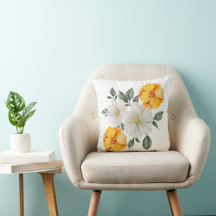 White Yellow Floral Flowers Greenery Accent Cushion