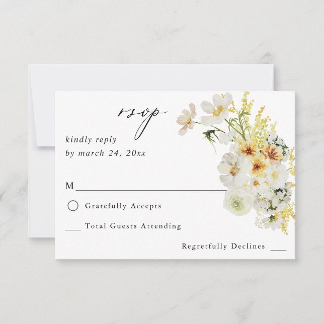 White & Yellow Floral no Meal RSVP Card (Front)