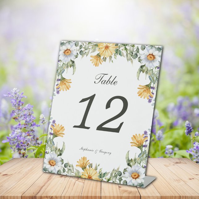 White Yellow Florals Wedding Table Number Pedestal Sign (Creator Uploaded)