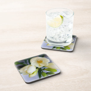 white yellow freesia coaster