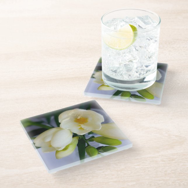 white yellow freesia glass coaster (Angled)