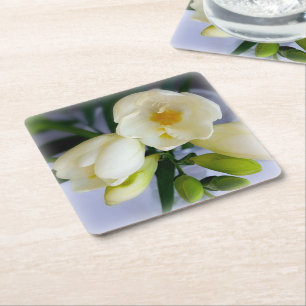 white yellow freesia square paper coaster