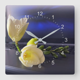 White yellow freesia square wall clock