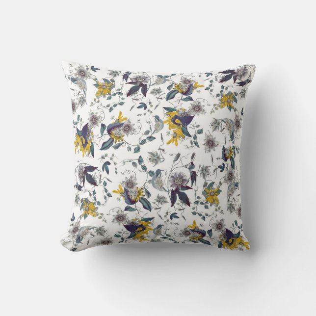 White Yellow Garden Passiflora Floral Pattern Cushion (Front)