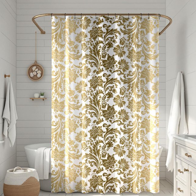 White & Yellow Gold Floral Damasks Pattern Shower Curtain (Creator Uploaded)