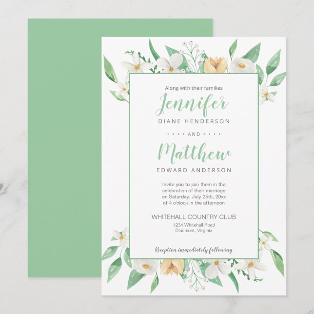 White, Yellow, Green Floral Framed Wedding Invitation (Front/Back)