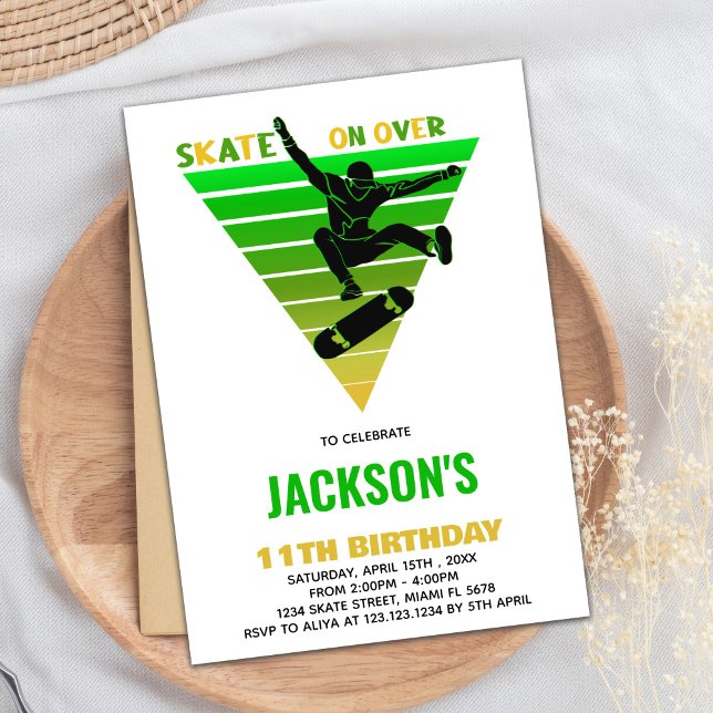 White Yellow Green Skateboards Birthday Invitation (White Yellow Green Skateboards Birthday Invitation)