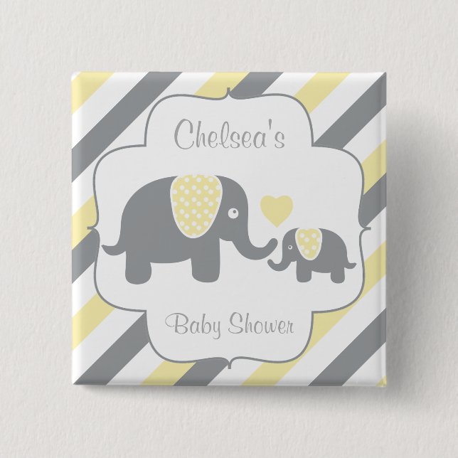 White, Yellow & Grey Stripe Elephants Baby Shower 15 Cm Square Badge (Front)