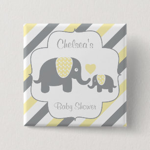 White, Yellow & Grey Stripe Elephants Baby Shower 15 Cm Square Badge