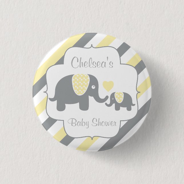 White, Yellow & Grey Stripe Elephants Baby Shower 3 Cm Round Badge (Front)