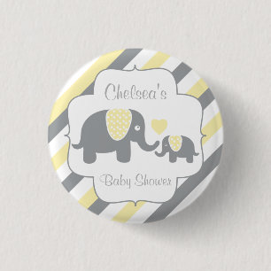 White, Yellow & Grey Stripe Elephants Baby Shower 3 Cm Round Badge