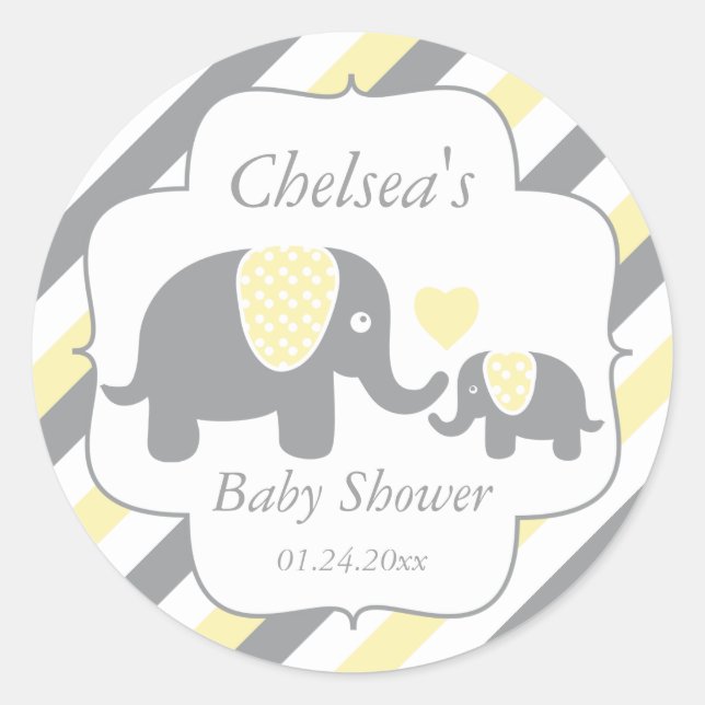 White, Yellow & Grey Stripe Elephants Baby Shower Classic Round Sticker (Front)