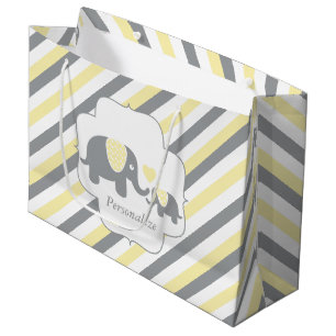 White, Yellow & Grey Stripe Elephants Baby Shower Large Gift Bag