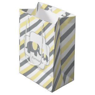 White, Yellow & Grey Stripe Elephants Baby Shower Medium Gift Bag