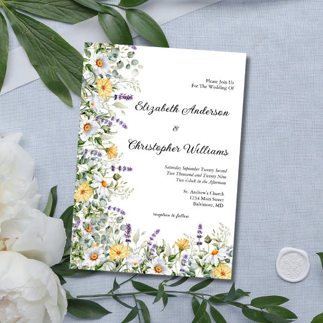 White Yellow Lavender Floral Eucalyptus Wedding Invitation (Yellow White Lavender Eucalyptus Wildflowers  Wedding Invitation. Printed or Digital Download)