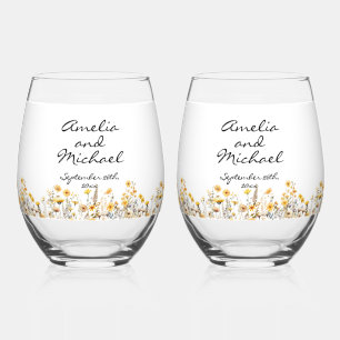 White Yellow Meadow Wildflowers Wedding Stemless Wine Glass