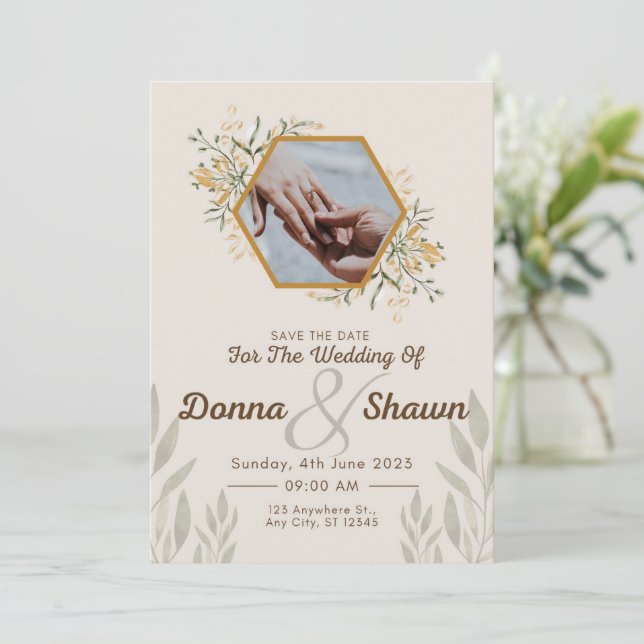 White Yellow Modern,couple and their wedding ring Invitation (Standing Front)