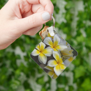 White & Yellow Tropical Plumeria Key Ring