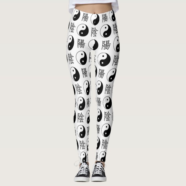 White Yinyang Symbol Chinese Pattern Leggings (Front)