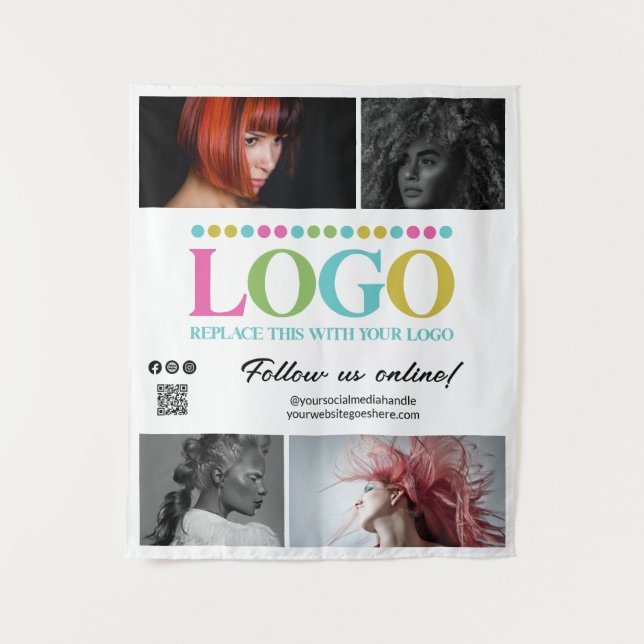 White Your Logo Photos QR Code Social Media Promo Tapestry (Front)