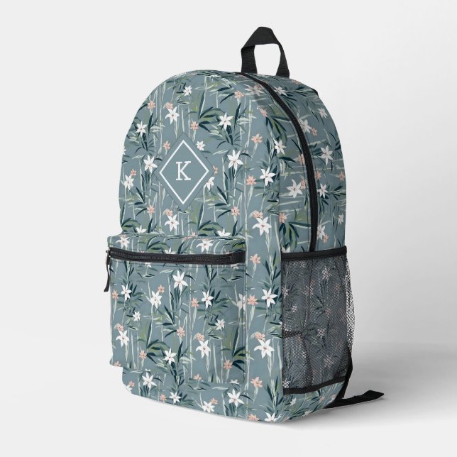 White zen flowers pattern printed backpack (Back Corner Right)