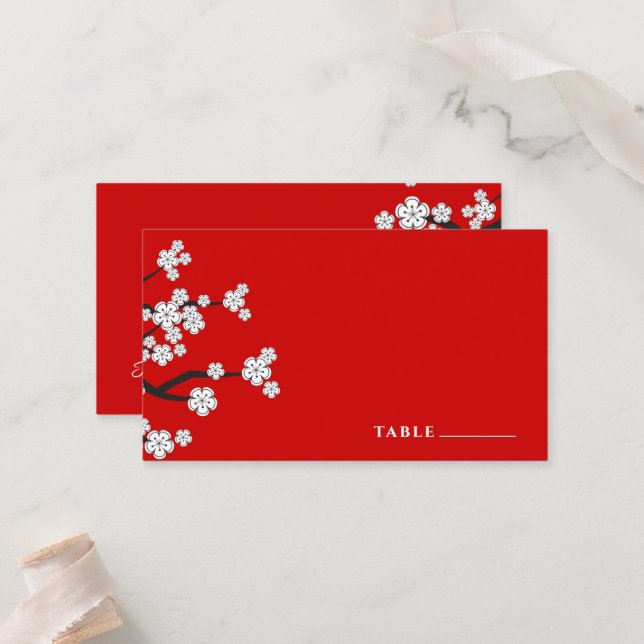 White Zen Sakura Cherry Blossoms Red Asian Wedding Place Card (Front/Back In Situ)