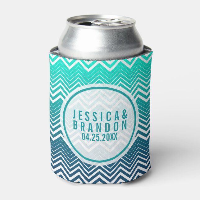 White Zigzag Chevron Blue-Green Gradient Can Cooler (Can Front)
