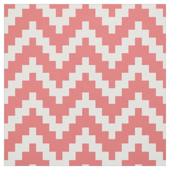 White Zigzag Ikat & Custom Coral Background Fabric (Swatch)