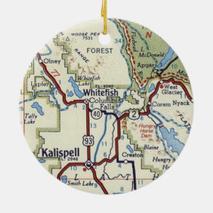 Whitefish and Kalispell MT Vintage Map Ceramic Tree Decoration
