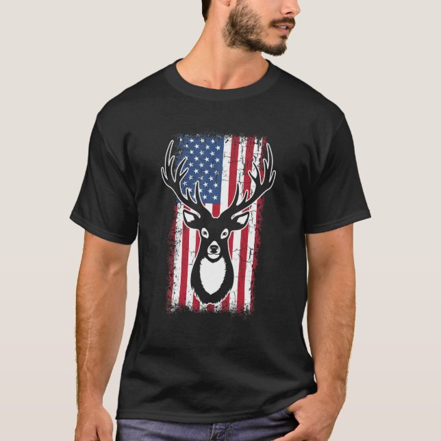 Whitetail Big Bucks Deer Hunting USA American Flag T-Shirt (Front)